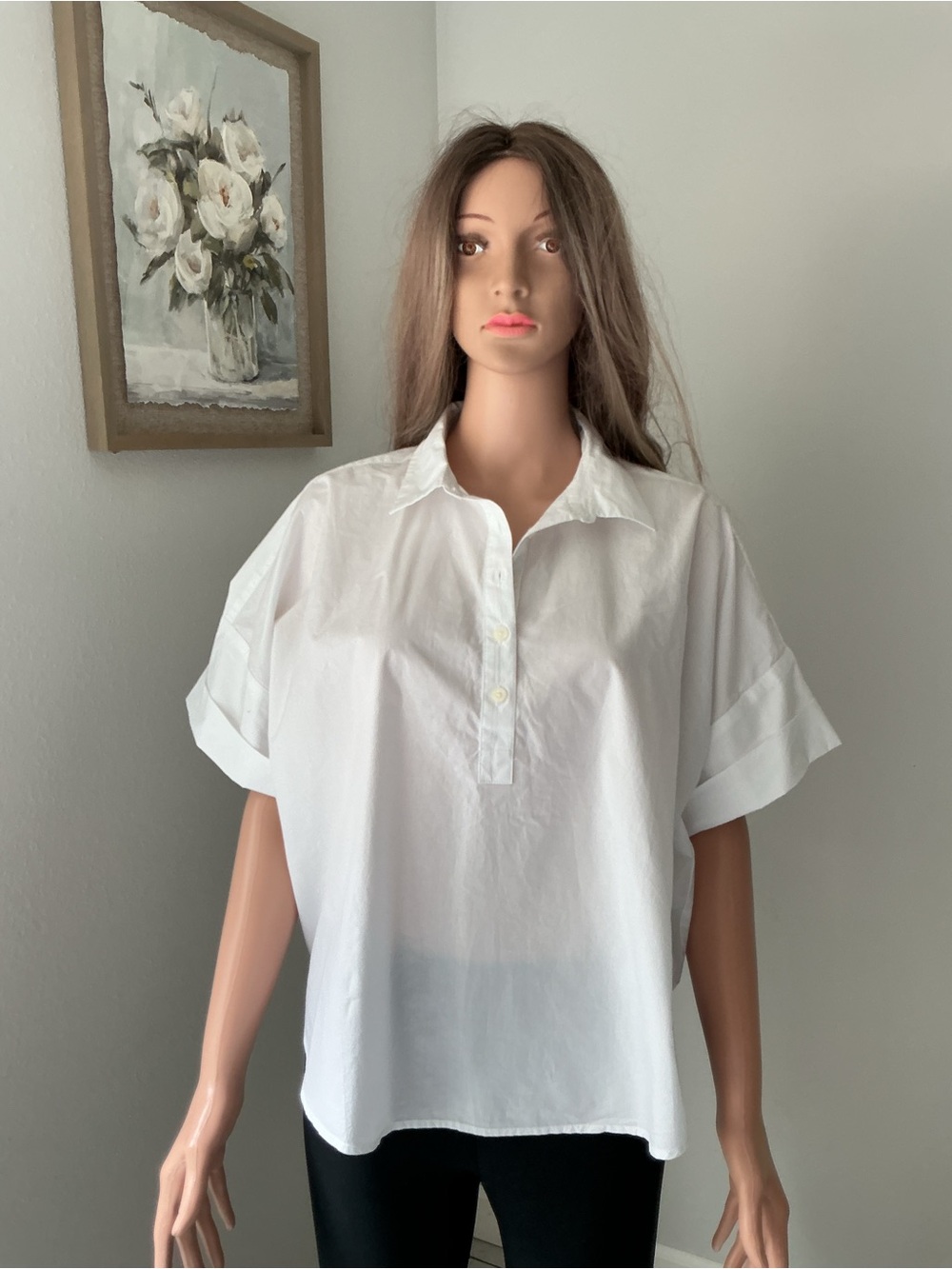LOFT White Short-Sleeve Button-Front Popover Shirt